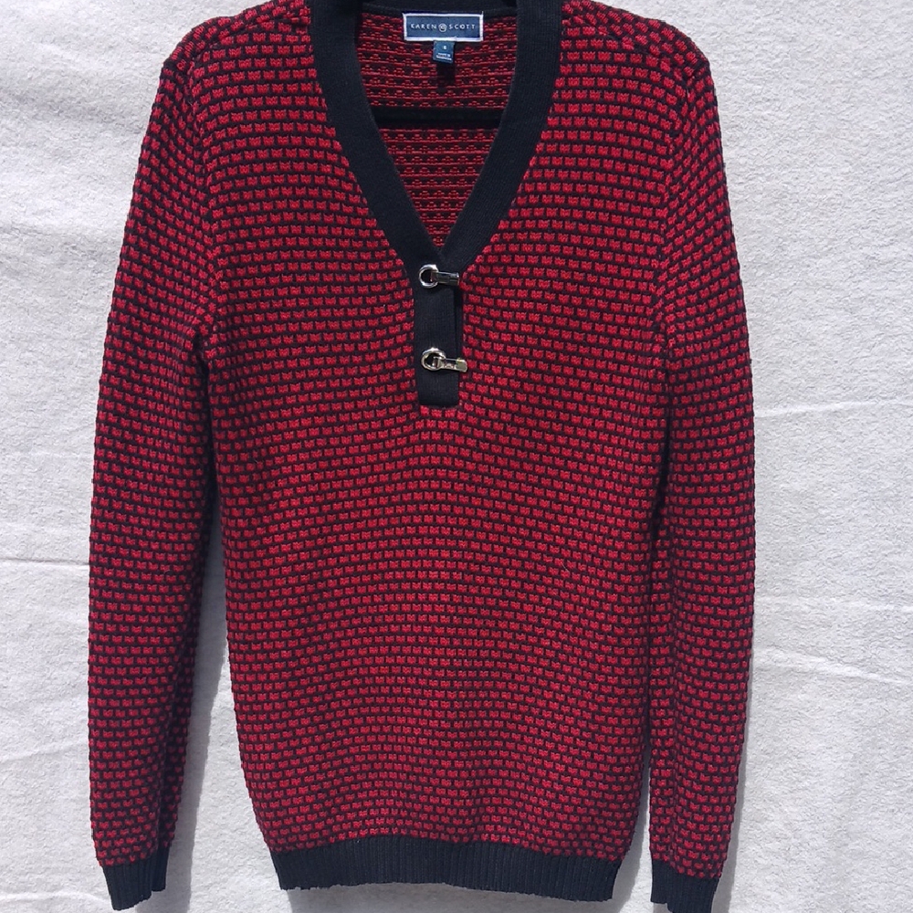 Karen Scott Red and Black V-Neck Sweater